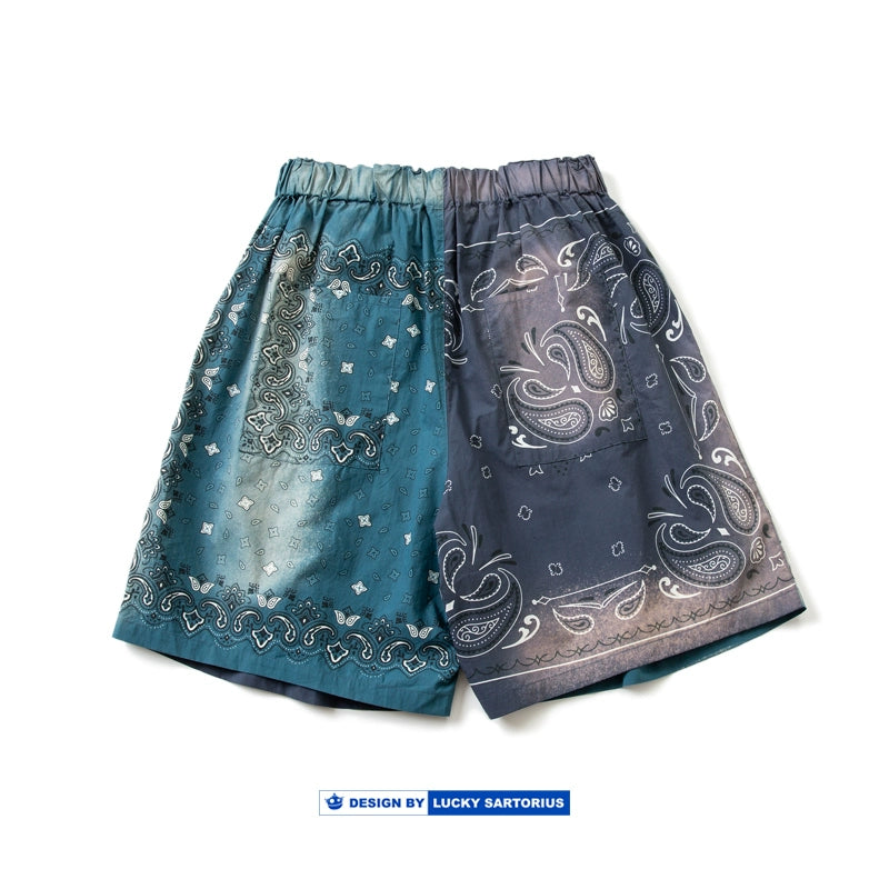 Tie-dyed cashew flower patchwork contrast color shorts Elastic loose shorts