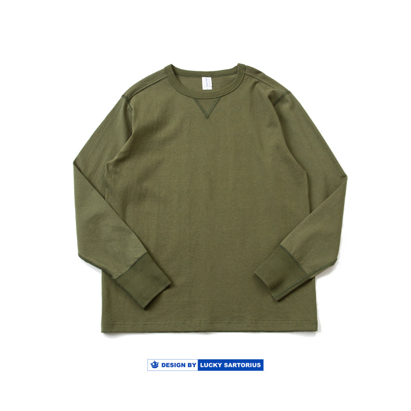 245g Khaki Thick Heavy Retro American Cotton Rugged Cotton Seamless Tube Weaving American Roll Collar Long Sleeve T-Shirt Men