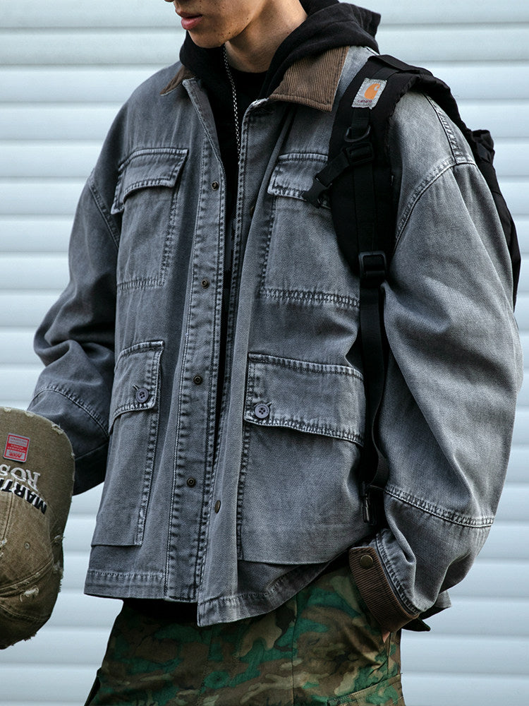 Cotton Cargo Jacket – Corduroy Collar & Four Pockets | Yamalin clothes | Vintage workwear outfit for men