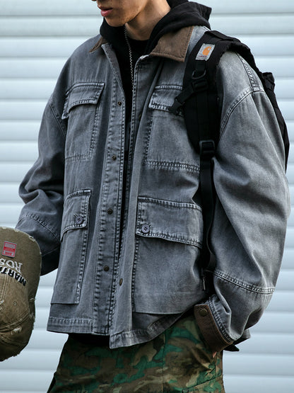 Cotton Cargo Jacket – Corduroy Collar & Four Pockets | Yamalin clothes | Vintage workwear outfit for men