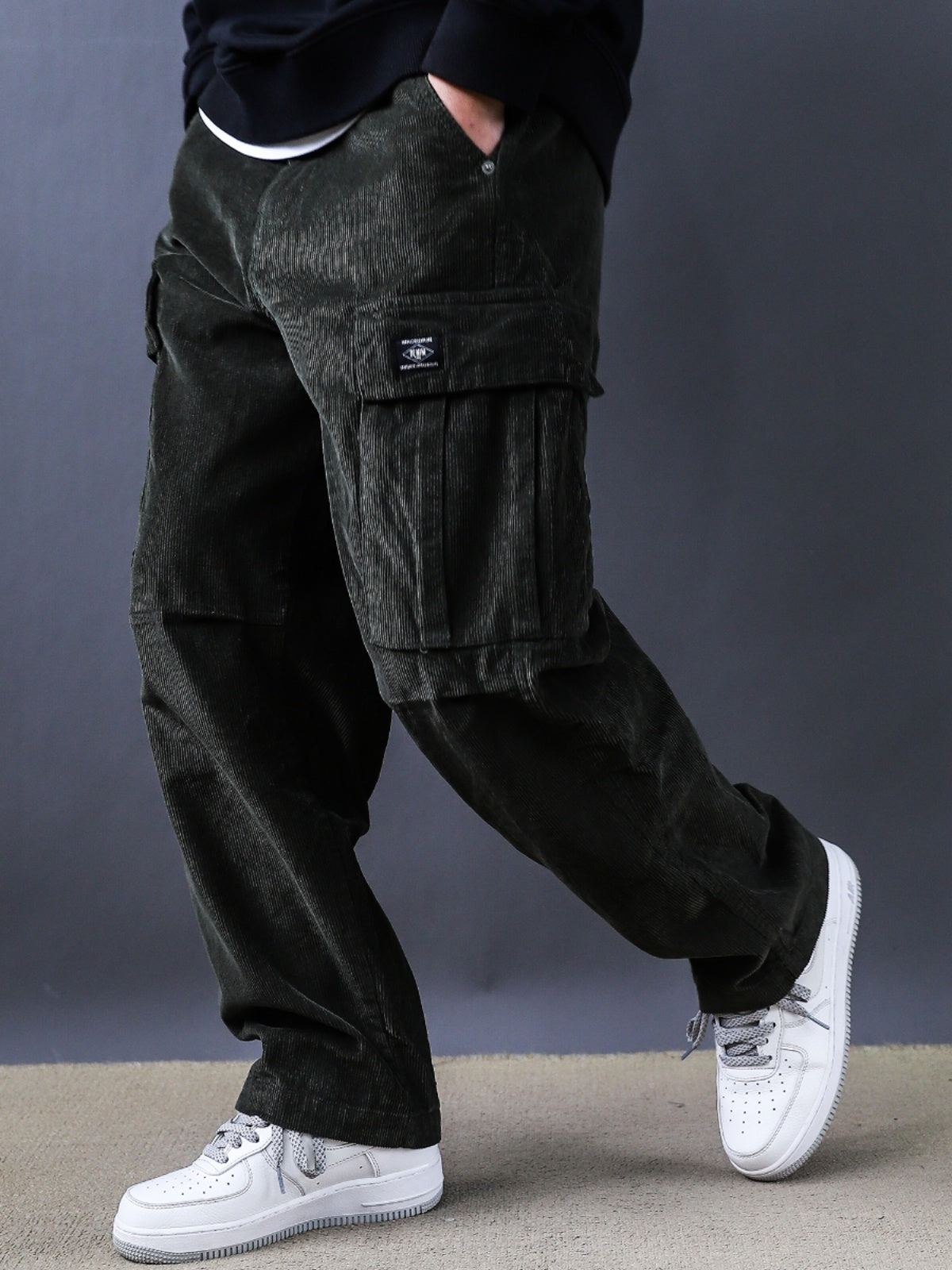 Army Green American Retro Washed Large Pocket Cargo Spring and Autumn Cotton Tide Brand Loose Straight Corduroy Trousers 2025