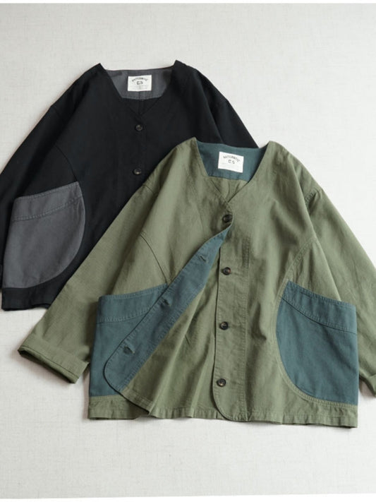 Japanese large V-neck color-blocked large pocket niche casual jacket Spring and autumn new single-breasted cotton retro thin model