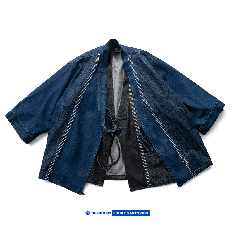 Japanese ethnic style embroidery denim multi-material stitching, loose and lazy, casual retro robe, jacket for men and women