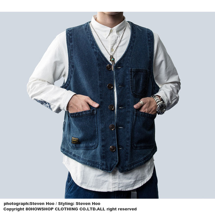 Japanese men's kendo cloth indigo dyed multi-pocket tooling wind vest jacket men