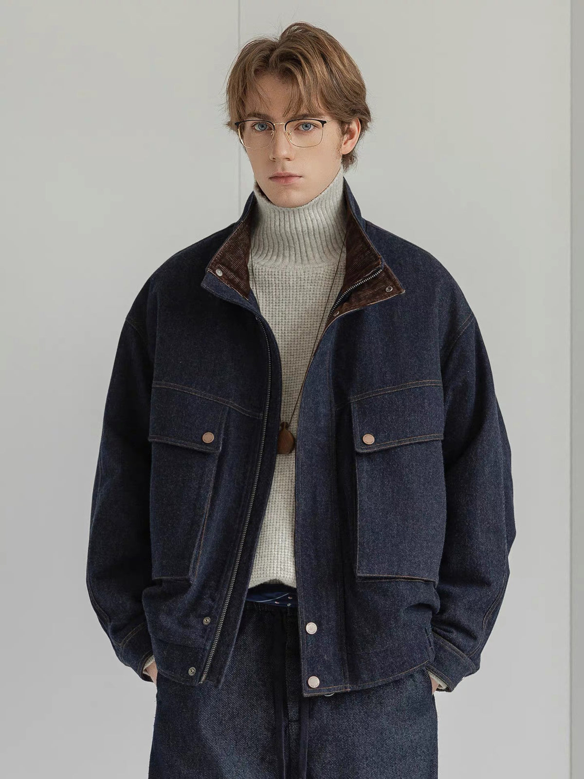 White Duck Down Denim Stand-Collar Jacket – American Vintage Loose Unisex – Coats Jackets | japanese streetwear | vintage workwear | unisex | Yamalinclothes