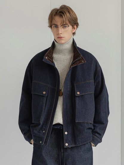 White Duck Down Denim Stand-Collar Jacket – American Vintage Loose Unisex – Coats Jackets | japanese streetwear | vintage workwear | unisex | Yamalinclothes