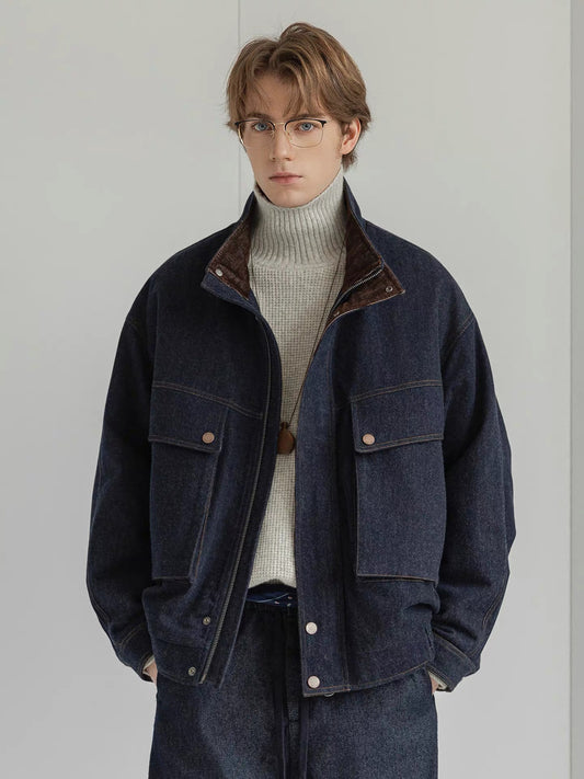 White Duck Down Denim Stand-Collar Jacket – American Vintage Loose Unisex – Coats Jackets | japanese streetwear | vintage workwear | unisex | Yamalinclothes