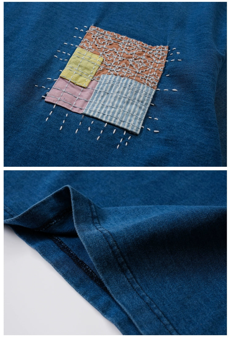 Japanese men's indigo dyed hand-embroidered patch loose short sleeve T-shirt men's summer crewneck T-shirt for men and women
