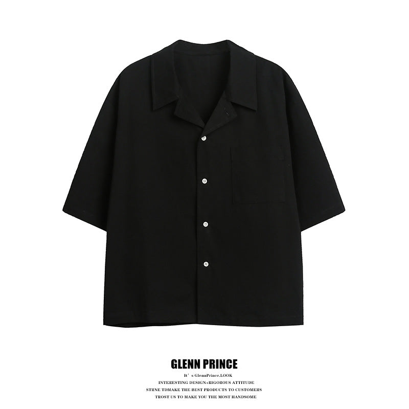 Korean version solid color Cuban collar short sleeve shirt men's summer cleanfit cropped non-iron ice silk shirt