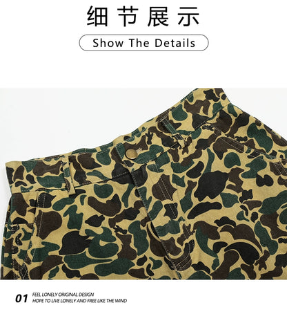 American retro camouflage jeans shorts, men's fashionable summer loose straight pants, street cropped pants