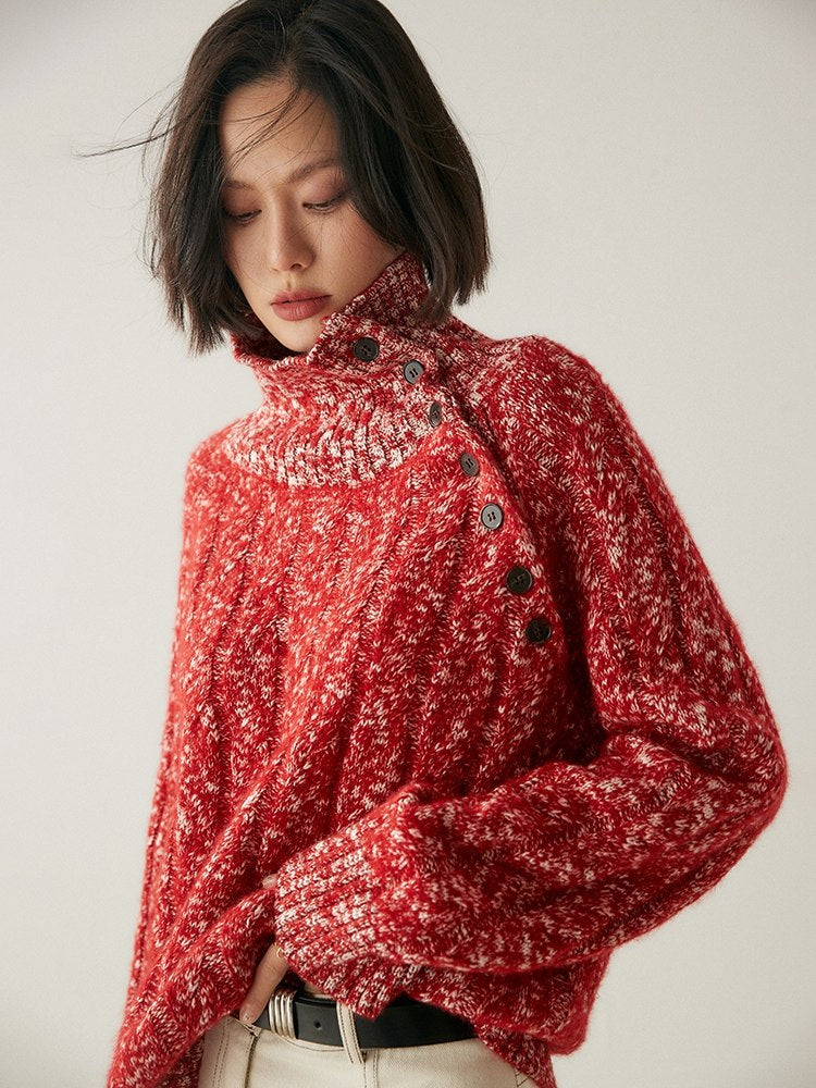 Heavy-duty lazy cashmere sweater, diagonal buttoned floral tulle, thickened twisted high-neck sweater, Korean autumn/winter new women's knitwear | Yamalinclothes