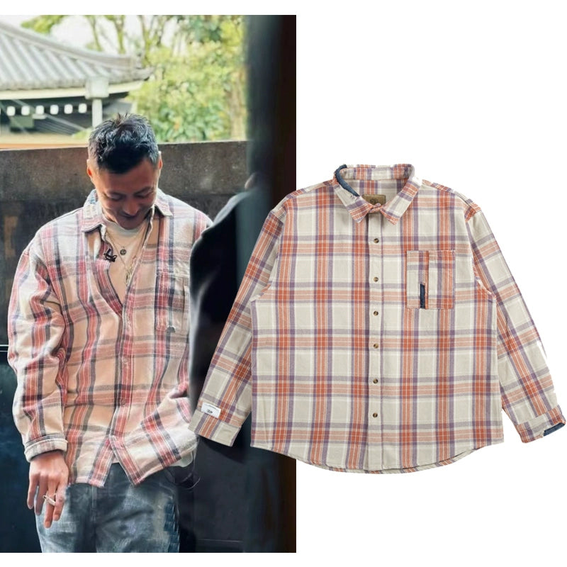 Splicing denim washed damage heavy plaid long sleeve shirt