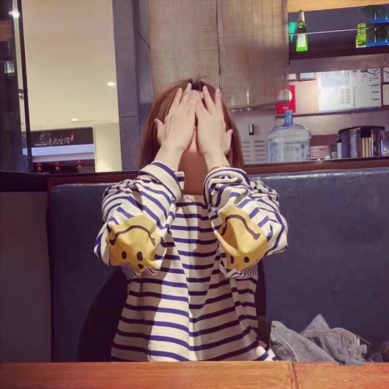 striped smiley print Japanese men and women couples casual cotton long-sleeved bottoming shirt