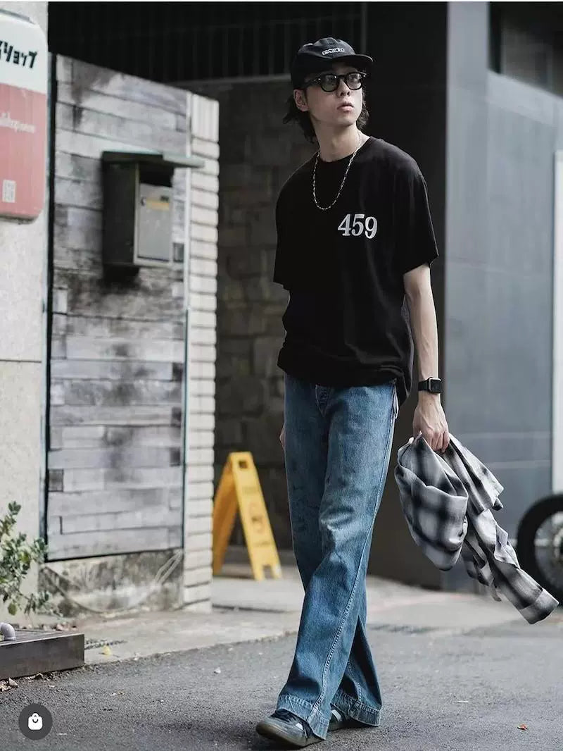 Japanese workwear straight jeans, loose and versatile washed and worn-out wide-leg pants