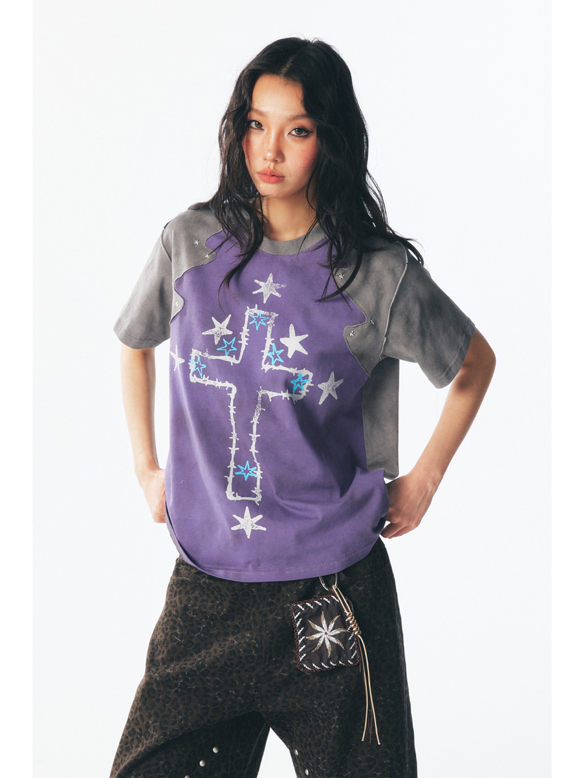 Irregularly patterned patchwork short-sleeved T-shirt – Japanese vintage | yamalin clothes | Yamalinclothes