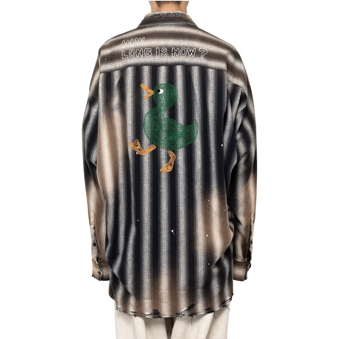 Japanese style striped duck embroidered distressed long sleeve shirt