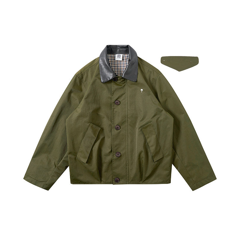 American Vintage Hunting Jacket – Heavy Leather-Collar Harrington Cargo Coat Unisex