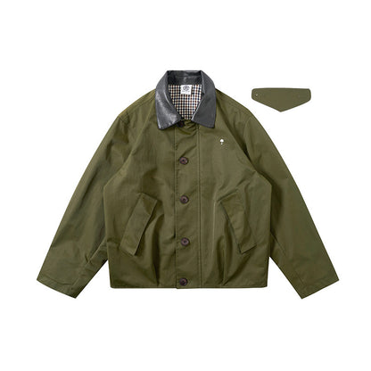 American Vintage Hunting Jacket – Heavy Leather-Collar Harrington Cargo Coat Unisex