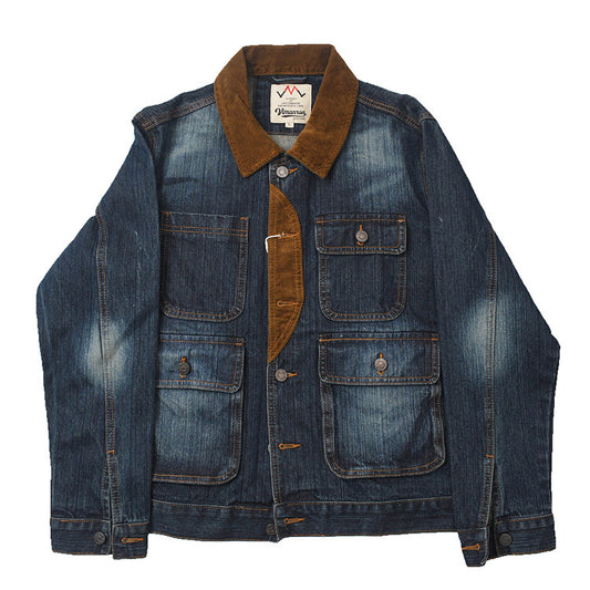 American Vintage Patchwork Washed Denim Biker Jacket – Oversized Dark Blue