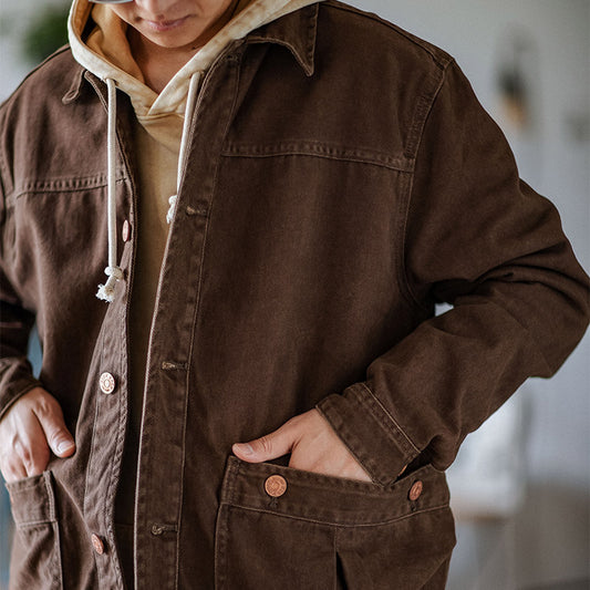 American Vintage Wash Distressed Short Large Pocket Cargo Jacket Men's Heavy Lapel Cotton Jacket Spring and Autumn