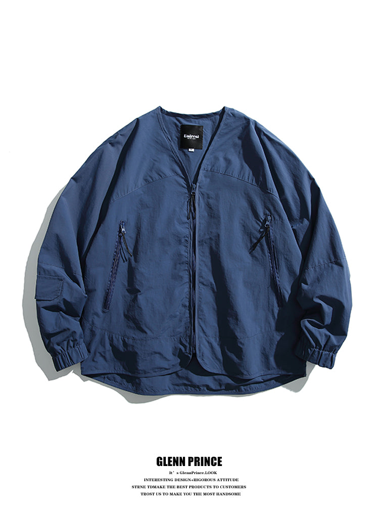 Japanese Vintage V-Neck Thin Cargo Jacket Men's Spring Outdoor Functional Waterproof Collarless Jacket