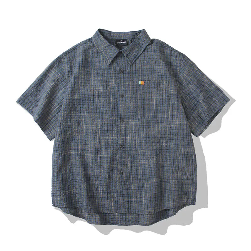 Japanese Seersucker Plaid Short Sleeve Shirt - Loose Casual Literary Summer Shirt for Men