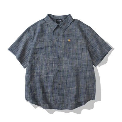 Japanese Seersucker Plaid Short Sleeve Shirt - Loose Casual Literary Summer Shirt for Men