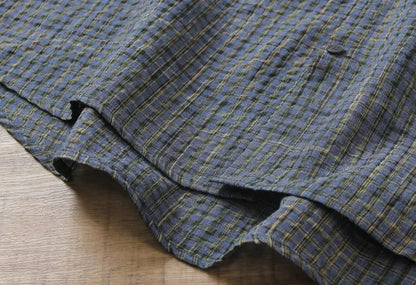 Japanese Seersucker Plaid Short Sleeve Shirt - Loose Casual Literary Summer Shirt for Men