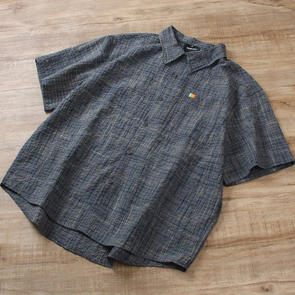 Japanese Seersucker Plaid Short Sleeve Shirt - Loose Casual Literary Summer Shirt for Men