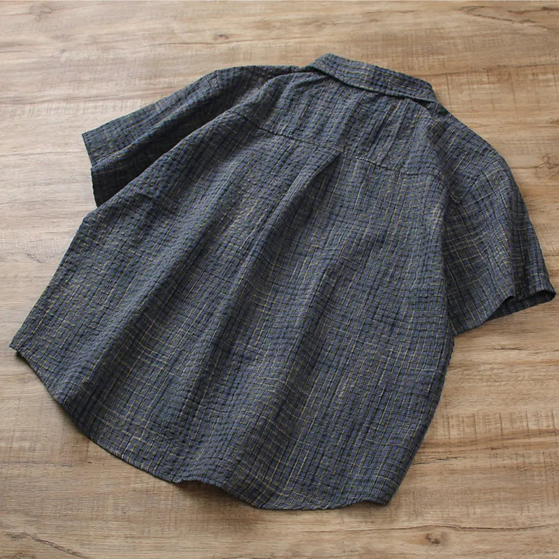 Japanese Seersucker Plaid Short Sleeve Shirt - Loose Casual Literary Summer Shirt for Men