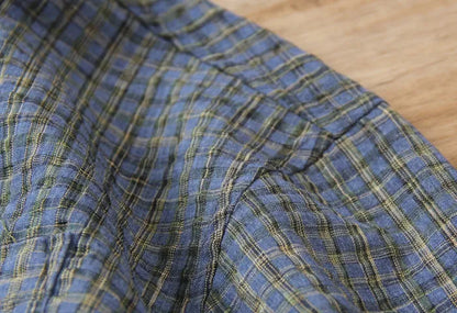 Japanese Seersucker Plaid Short Sleeve Shirt - Loose Casual Literary Summer Shirt for Men