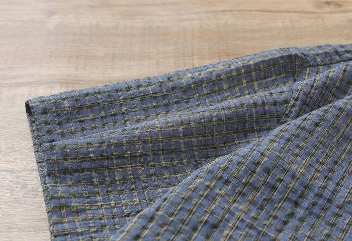 Japanese Seersucker Plaid Short Sleeve Shirt - Loose Casual Literary Summer Shirt for Men
