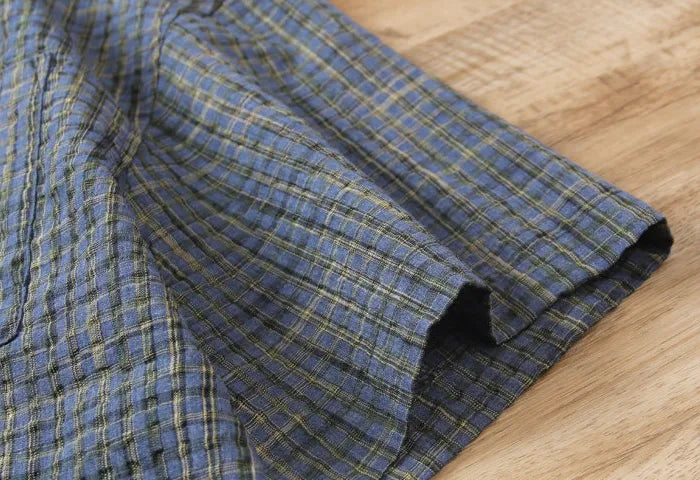 Japanese Seersucker Plaid Short Sleeve Shirt - Loose Casual Literary Summer Shirt for Men