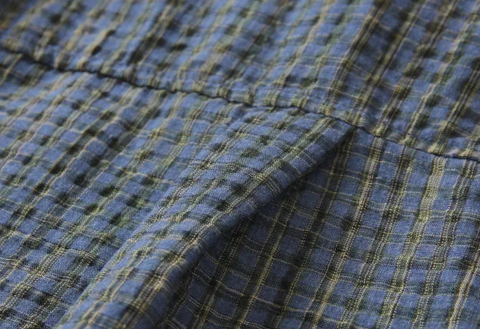 Japanese Seersucker Plaid Short Sleeve Shirt - Loose Casual Literary Summer Shirt for Men