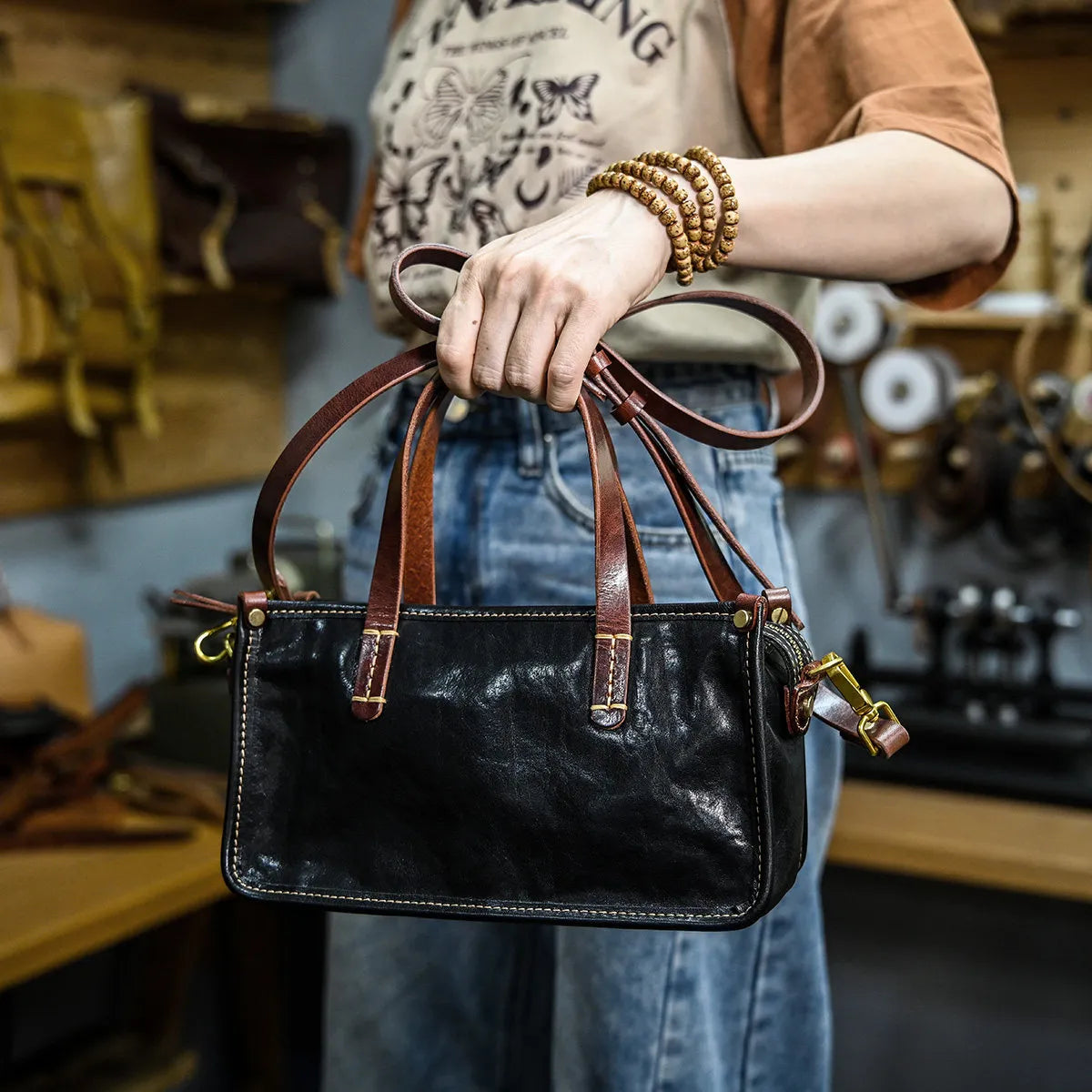 Vintage bags, niche soft leather handmade bags, leather small square bags, women's crossbody wide straps, top layer cowhide tote bags – Japanese vintage | yamalin clothes | Yamalinclothes