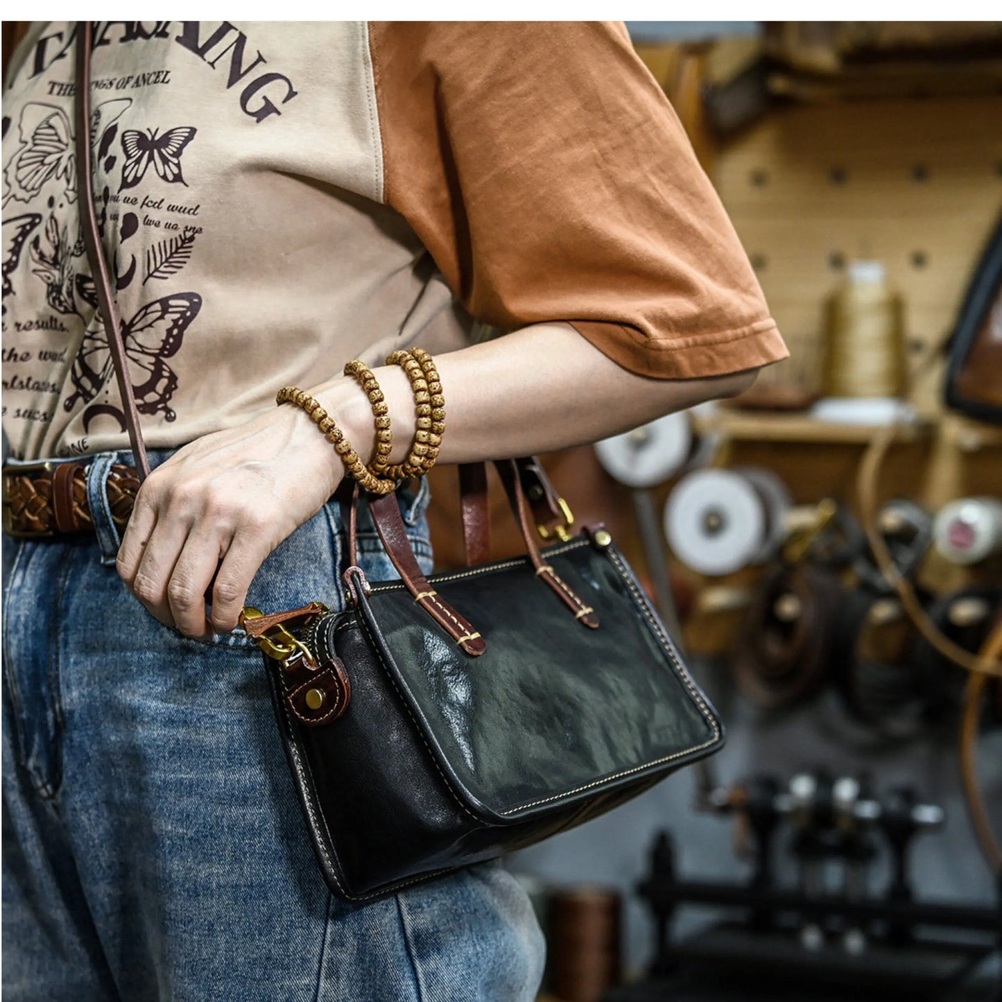 Vintage bags, niche soft leather handmade bags, leather small square bags, women's crossbody wide straps, top layer cowhide tote bags – Japanese vintage | yamalin clothes | Yamalinclothes
