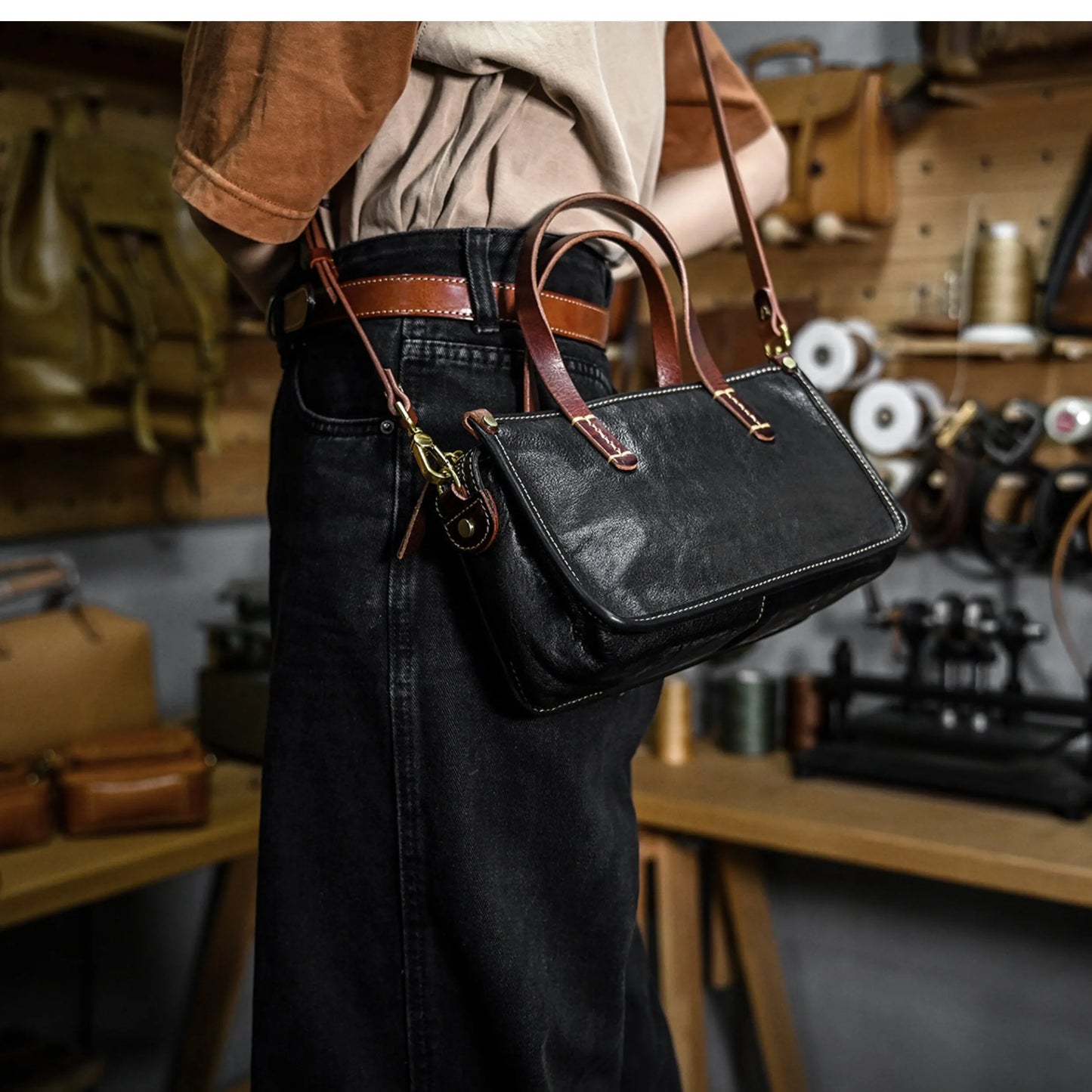 Vintage bags, niche soft leather handmade bags, leather small square bags, women's crossbody wide straps, top layer cowhide tote bags – Japanese vintage | yamalin clothes | Yamalinclothes