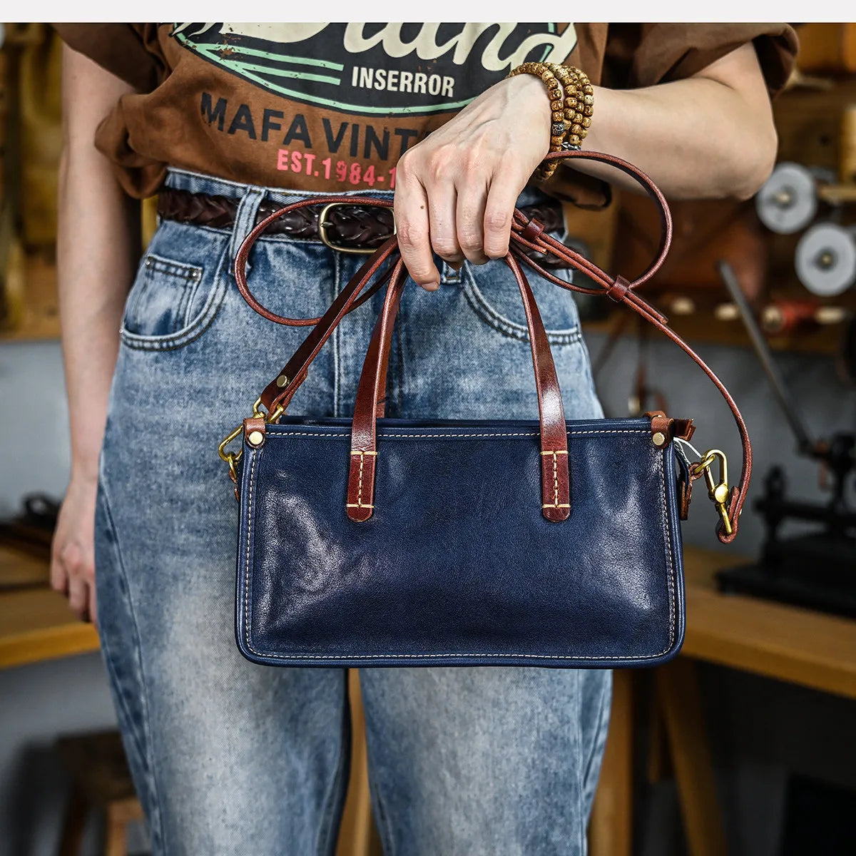 Vintage bags, niche soft leather handmade bags, leather small square bags, women's crossbody wide straps, top layer cowhide tote bags – Japanese vintage | yamalin clothes | Yamalinclothes