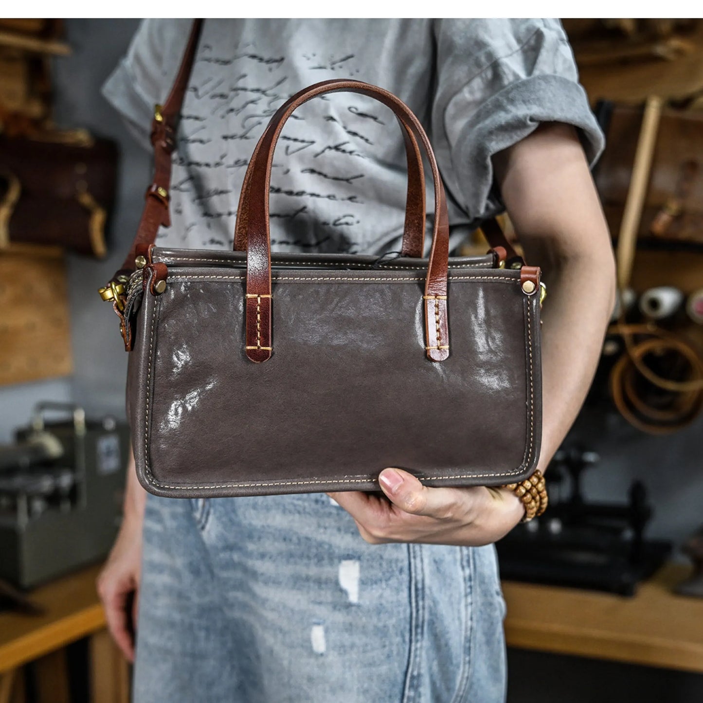 Vintage bags, niche soft leather handmade bags, leather small square bags, women's crossbody wide straps, top layer cowhide tote bags – Japanese vintage | yamalin clothes | Yamalinclothes