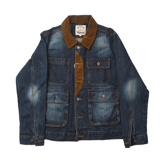 American Vintage Patchwork Washed Denim Biker Jacket – Oversized Dark Blue