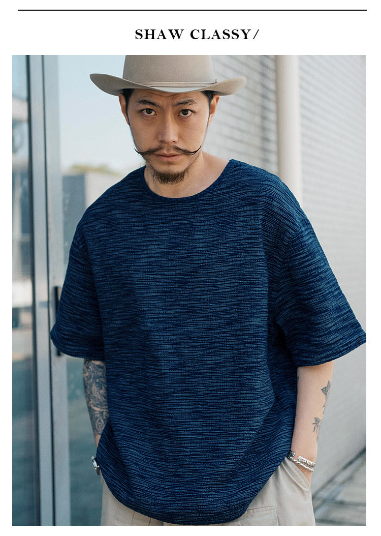 Original Japanese Retro Blue Dyed Sashiko & Kasuri Loose Fit Crew Neck Short Sleeve T-Shirt