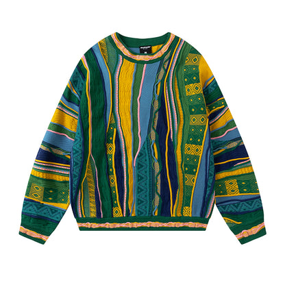 Vintage Pop Style Bitter Melon Striped Ethnic Sweater