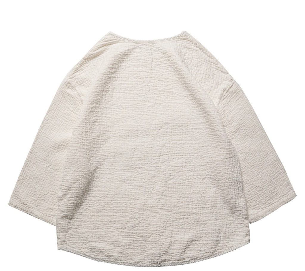 Original Japanese Retro White Sashiko Spring Summer Loose Couple Style Short Sleeve Embroidered Casual Three-Quarter Sleeve T-Shirt for Men