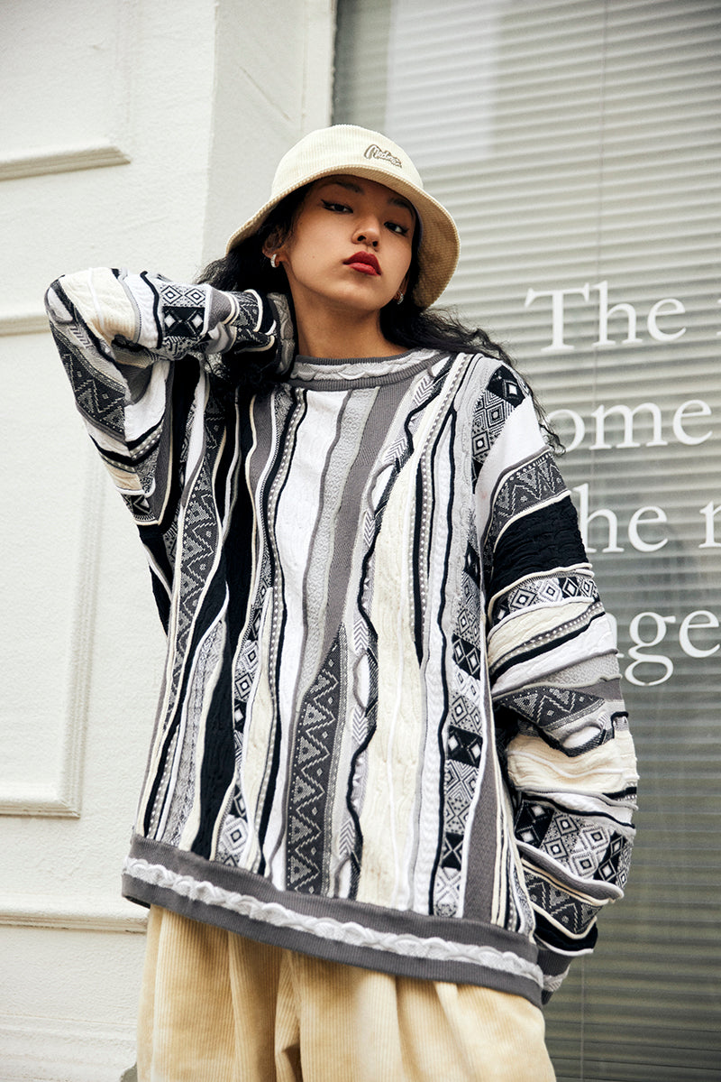 New Year Limited Edition Colorful Egg MEDRIA Retro Sweater Pop Style Bitter Melon Striped Ethnic Pullover Sweater Multi-Color Series