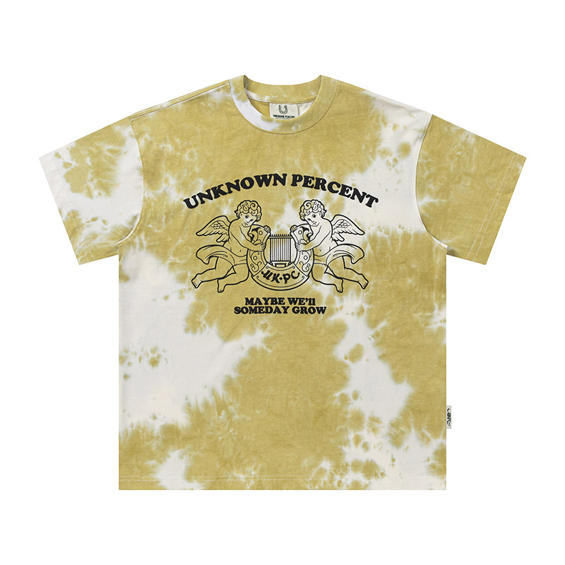 UKPC Organ Horseshoe Angel Tie-Dye Short Sleeve Street American Print Trendy Brand Couple Cotton Loose Half Sleeve National Trend