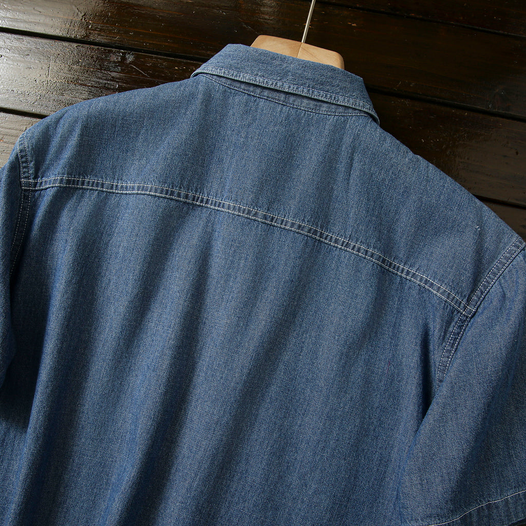 Pure Cotton Enzyme Wash! Export Surplus Men's Summer Turn-down Collar Denim Short Sleeve Shirt Top