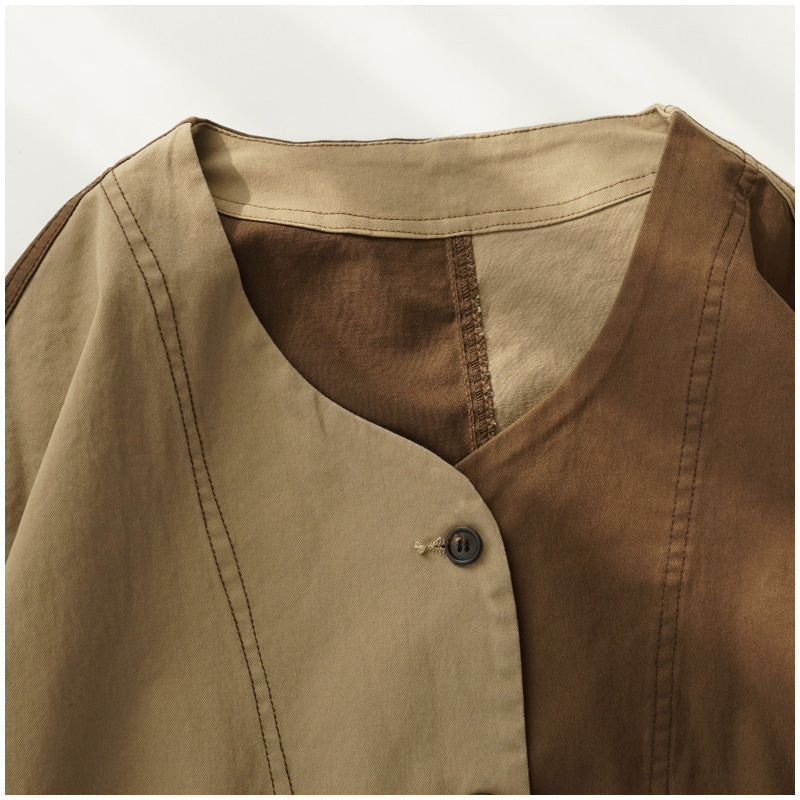 Color-Block Mid-Length Trench Coat – Japanese Retro V-Neck Single-Breasted Jacket