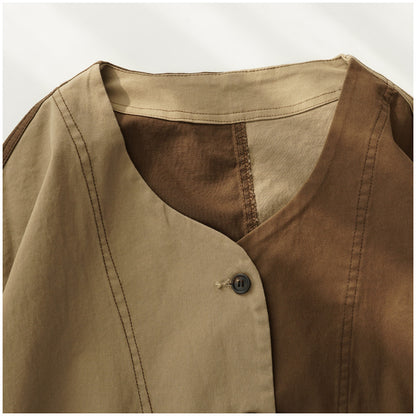 Color-Block Mid-Length Trench Coat – Japanese Retro V-Neck Single-Breasted Jacket