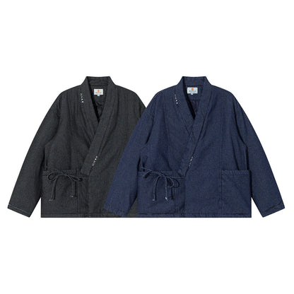 INDIGO STYLE Vintage Taoist Robe Denim Jacket - Two-Tone Oversized Coat (25AW)