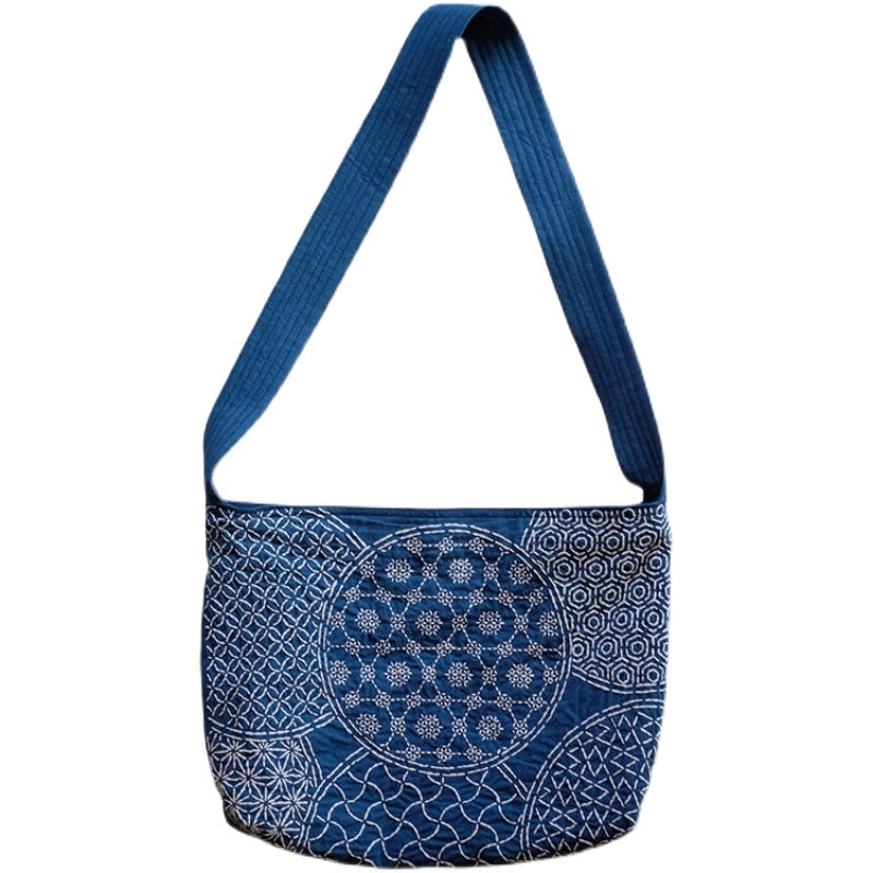 Blue and White Heavy Craft Group Flower Sashiko YKK Zipper Large Capacity Pure Handmade Blue Dyed Crossbody Bag